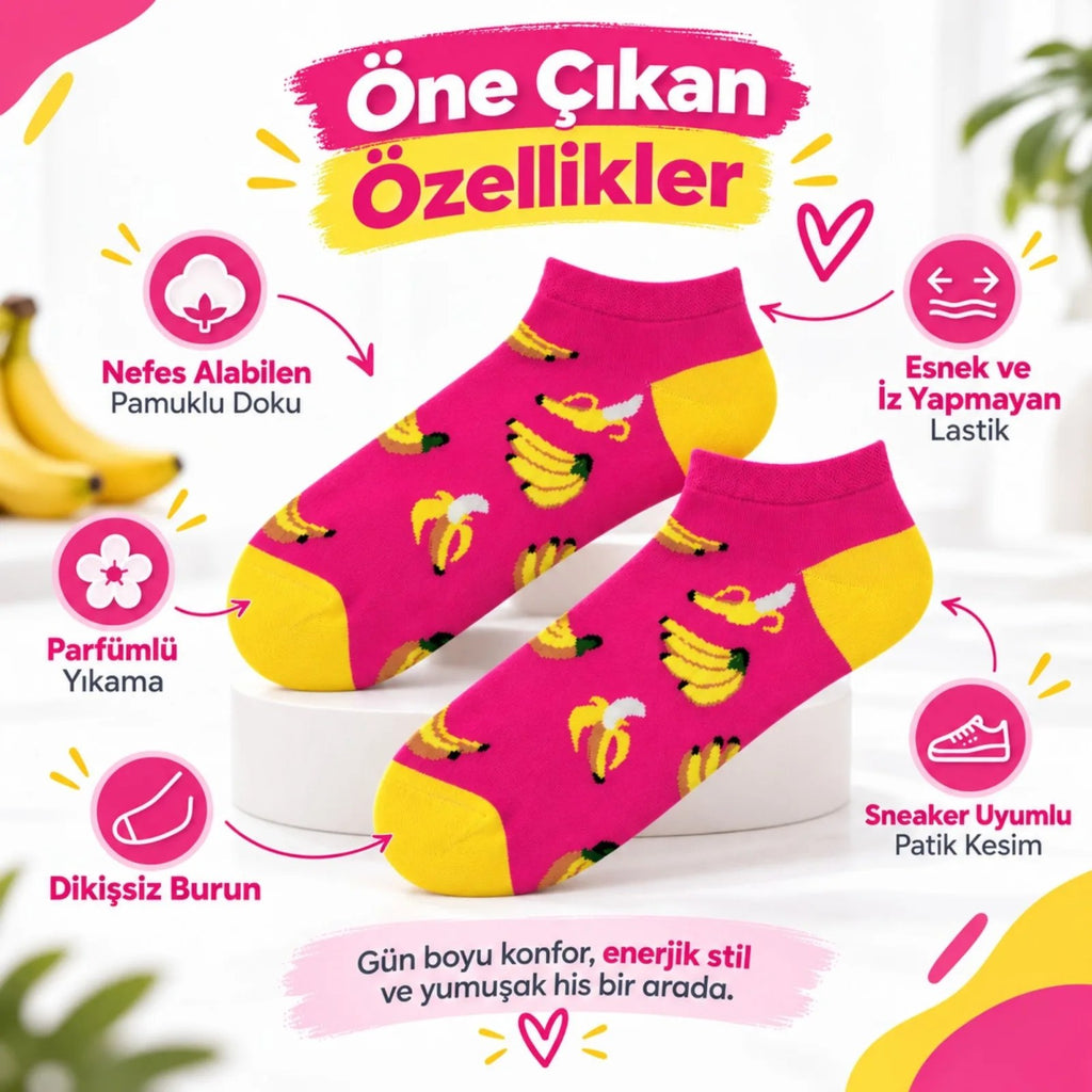 Kadın Pembe Muz Desenli Patik Çorap 6'lı Paket | Renkli, Rahat ve Esnek Günlük Kısa Çorap Seti