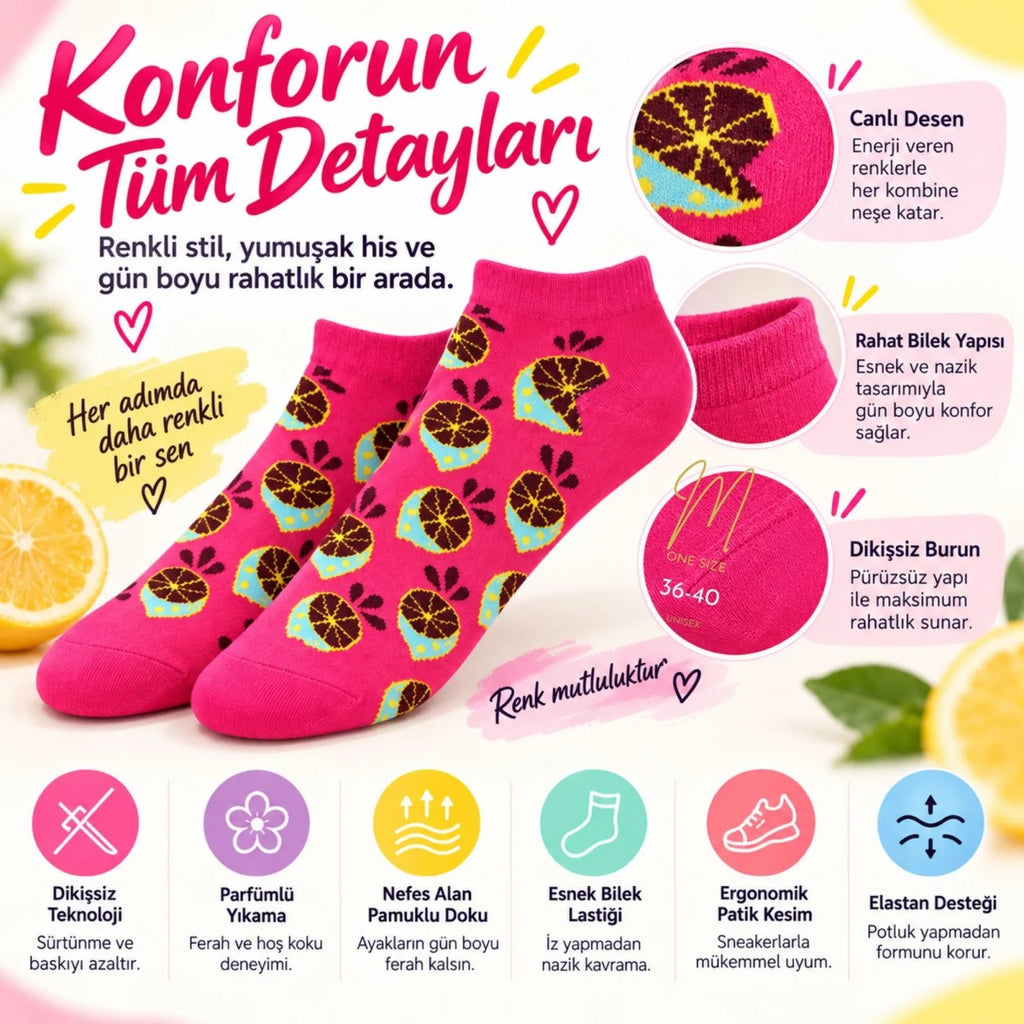 Kadın Fuşya Limon Desenli Patik Çorap 12'li Paket | Renkli, Rahat ve Esnek Günlük Kısa Çorap