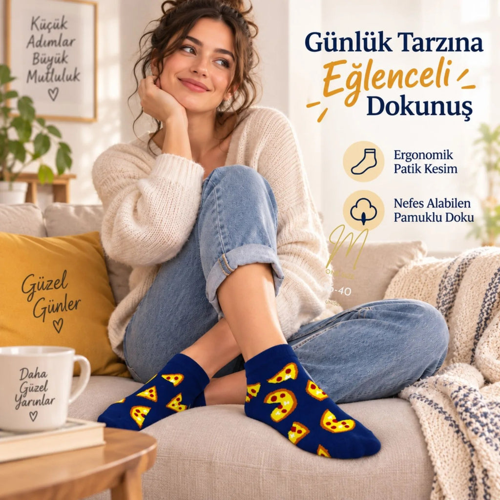 Pizza Desenli 6'lı Lacivert Patik Çorap Unisex Kısa Sneaker Günlük Çorap Seti Avantajlı Paket Rahat!
