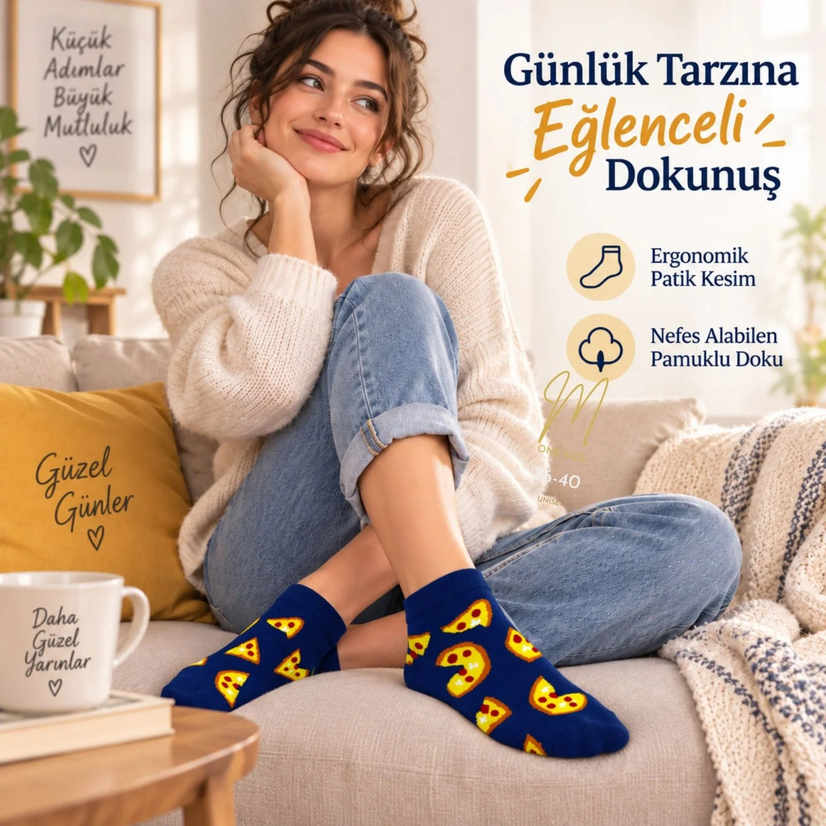 Pizza Desenli 6'lı Lacivert Patik Çorap Unisex Kısa Sneaker Günlük Çorap Seti Avantajlı Paket Rahat!