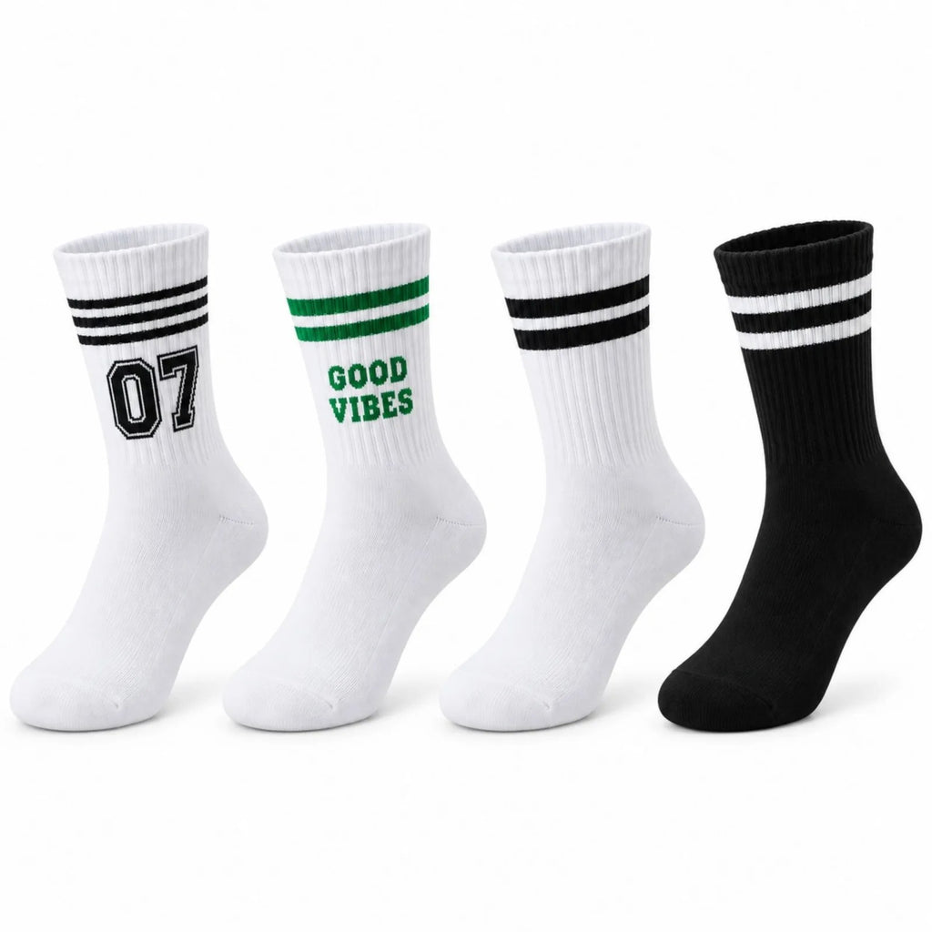 Unisex Çorap Çizgili 4'lü Set 07 Good Vibes Yazılı Siyah Beyaz Uzun Soket Spor Kolej Stil Rahat Şık