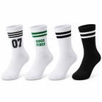 Unisex Çorap Çizgili 4'lü Set 07 Good Vibes Yazılı Siyah Beyaz Uzun Soket Spor Kolej Stil Rahat Şık