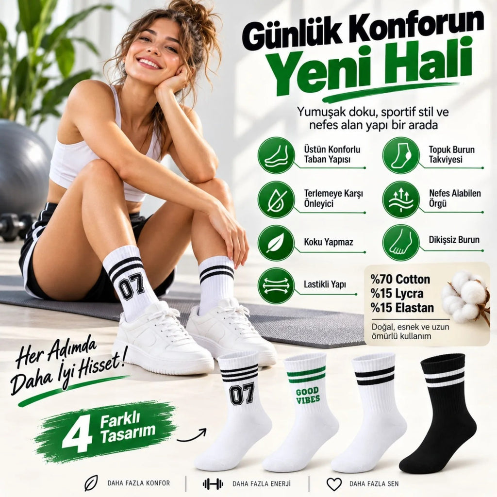 Unisex Çorap Çizgili 8'li Set 07 Good Vibes yazılı Siyah Beyaz Uzun Soket Spor Kolej Stil Çorap