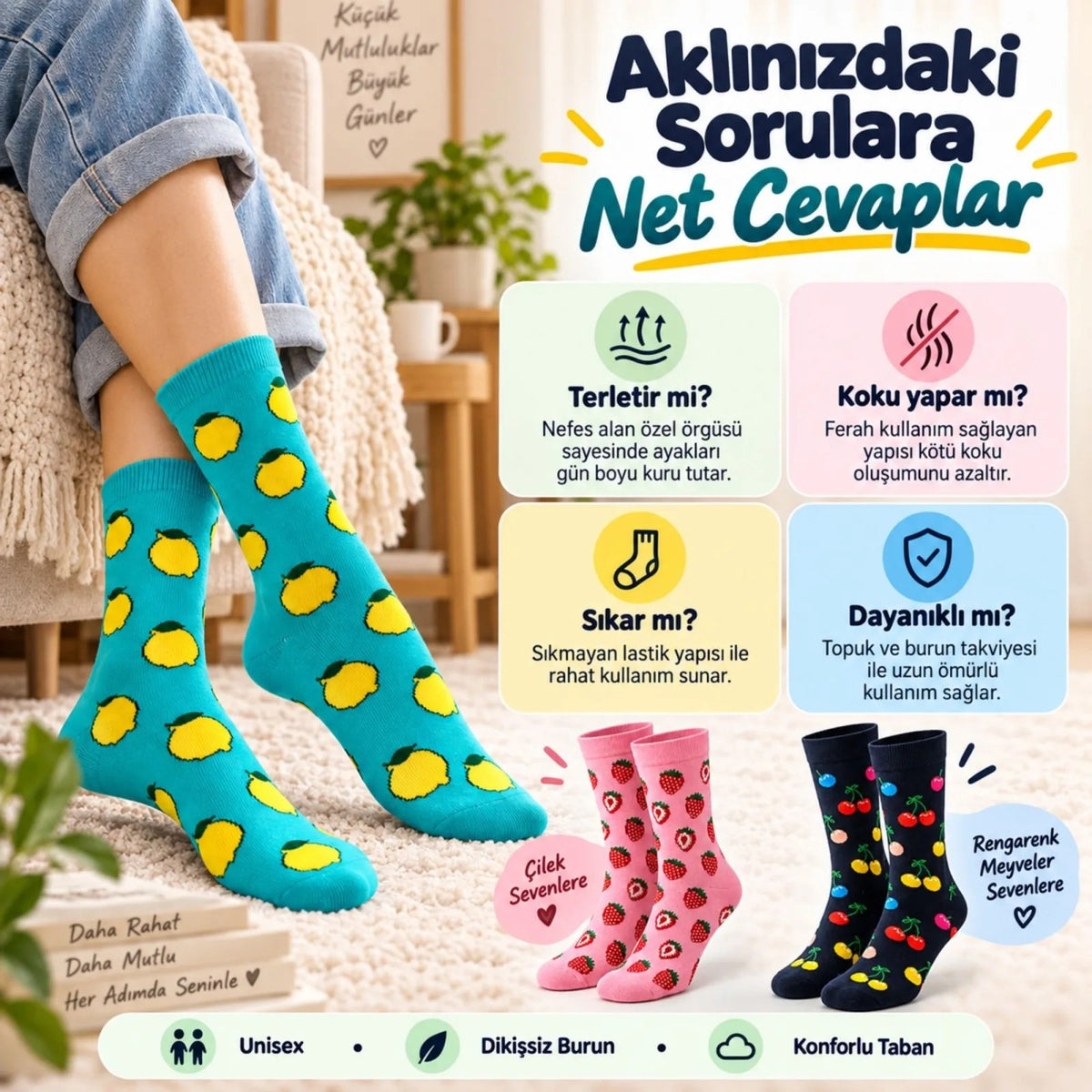 Kadın Ve Erkek Çorap Meyve Desenli Renkli 6'lı Set Uzun Soket Günlük Rahat Spor Çorap Seti
