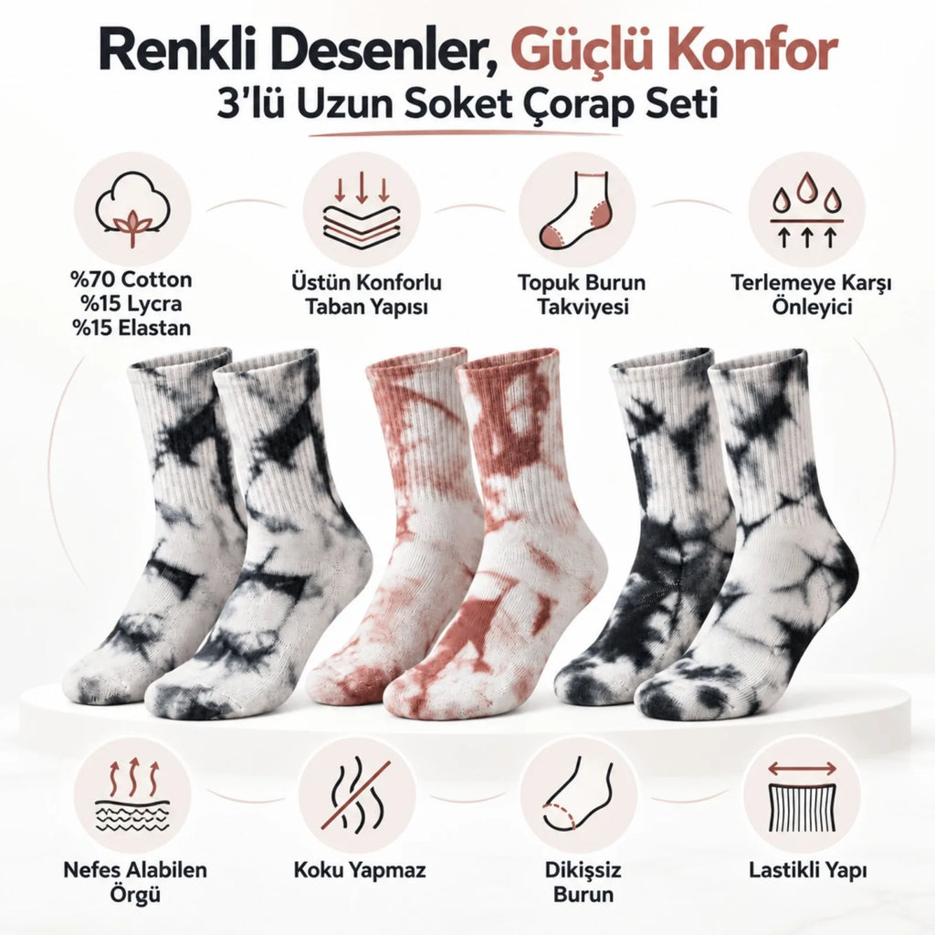 Unisex Batik Desenli Çorap 6'lı Set Pamuklu Uzun Soket Günlük Spor Nefes Alan Dikişsiz