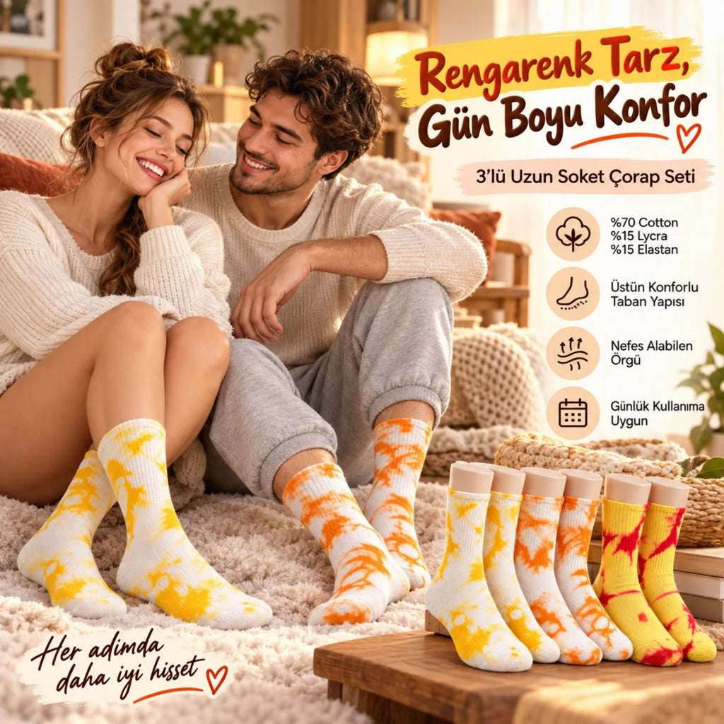 Unisex Batik Desenli Çorap 6'lı Set Pamuklu Renkli Uzun Soket Dikişsiz Nefes Alan Günlük Spor Çorabı