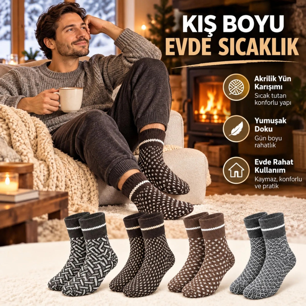 Erkek Kışlık Desenli Çorap 8'li Seti Sıcak Tutan Yumuşak Rahat Günlük Renkli Kısa Konç Çorap Paketi