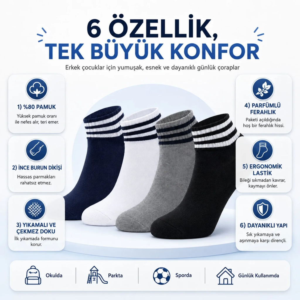 Erkek Çocuk Pamuklu Çizgili Patik Çorap 4'lü | Nefes Alan Esnek Okul Günlük Spor Çorabı