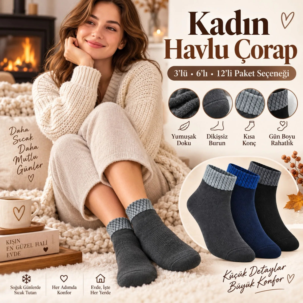 Bayan Havlu Dikişsiz Kısa Konç Çorap 6'lı Paket Yumuşak Sıcak Günlük Kadın Çorabı