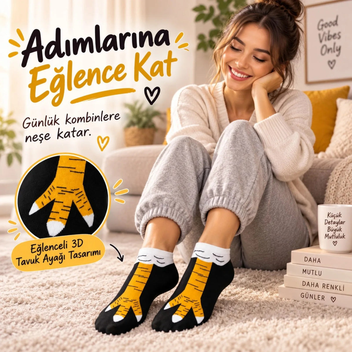 Kadın Tavuk Ayağı Desenli 3'lü Patik Çorap Dikişsiz Pamuklu Eğlenceli Sneaker Günlük Çorap