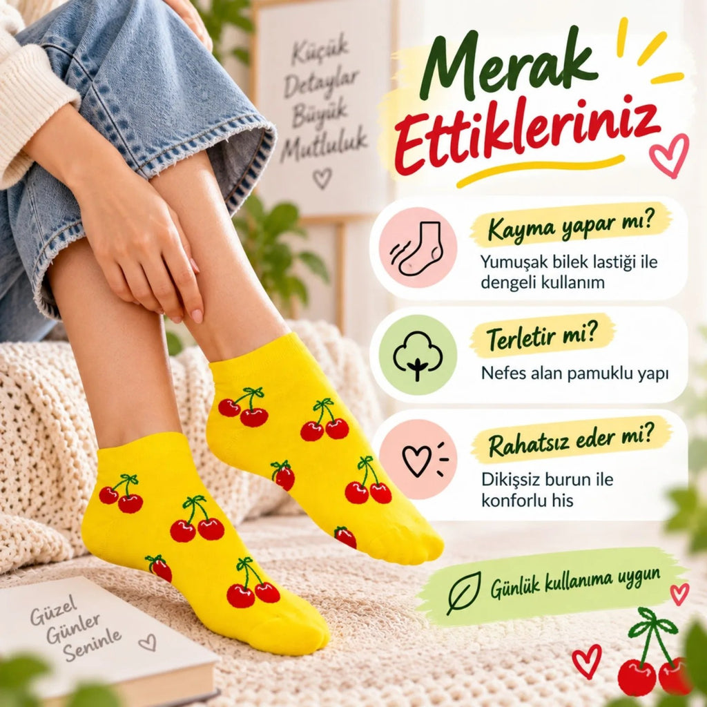 Kadın Kiraz 12'li Desenli Patik Çorap Sarı Pamuklu Dikişsiz Sneaker Uyumlu Eğlenceli Günlük Set