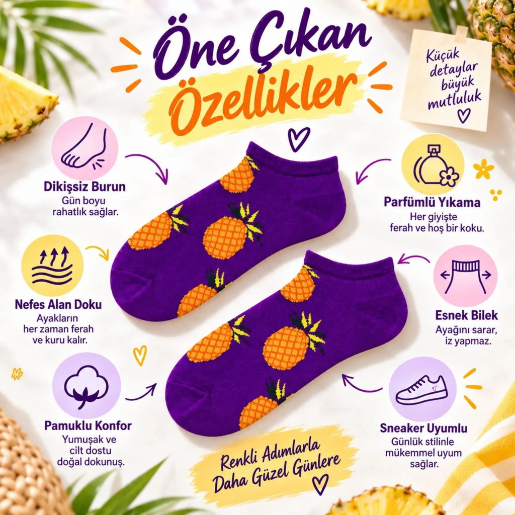 Kadın Mor Ananas Desenli Patik Çorap 12'li Paket | Renkli, Rahat Günlük Kısa Çorap Seti