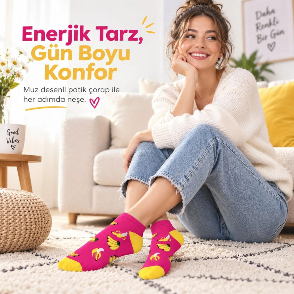 Kadın Pembe Muz Desenli Patik Çorap 6'lı Paket | Renkli, Rahat ve Esnek Günlük Kısa Çorap Seti