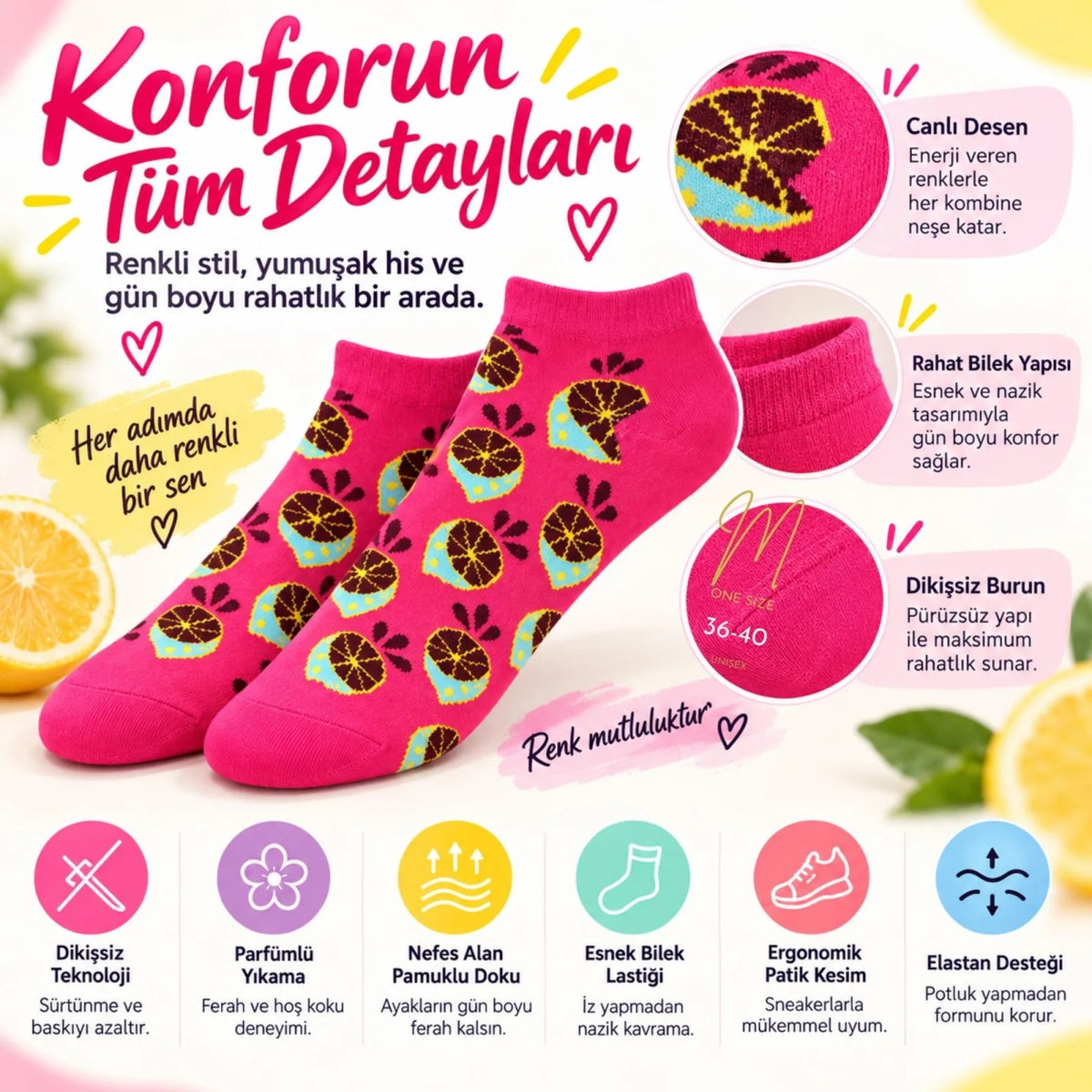 Kadın Fuşya Limon Desenli Patik Çorap 3'lü Paket | Renkli, Rahat ve Esnek Günlük Kısa Çorap