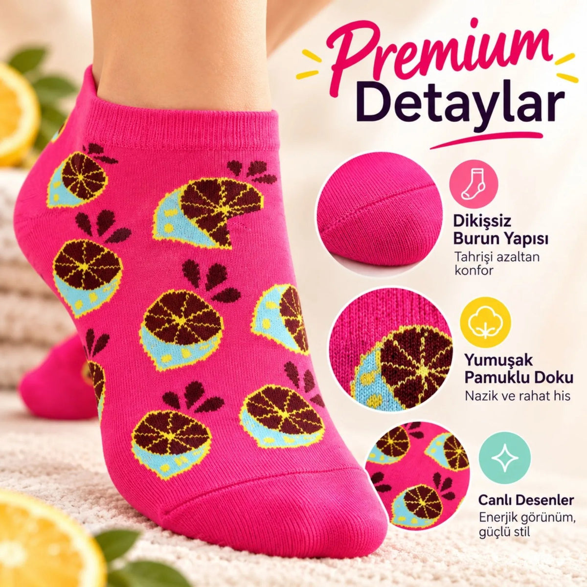 Kadın Fuşya Limon Desenli Patik Çorap 12'li Paket | Renkli, Rahat ve Esnek Günlük Kısa Çorap