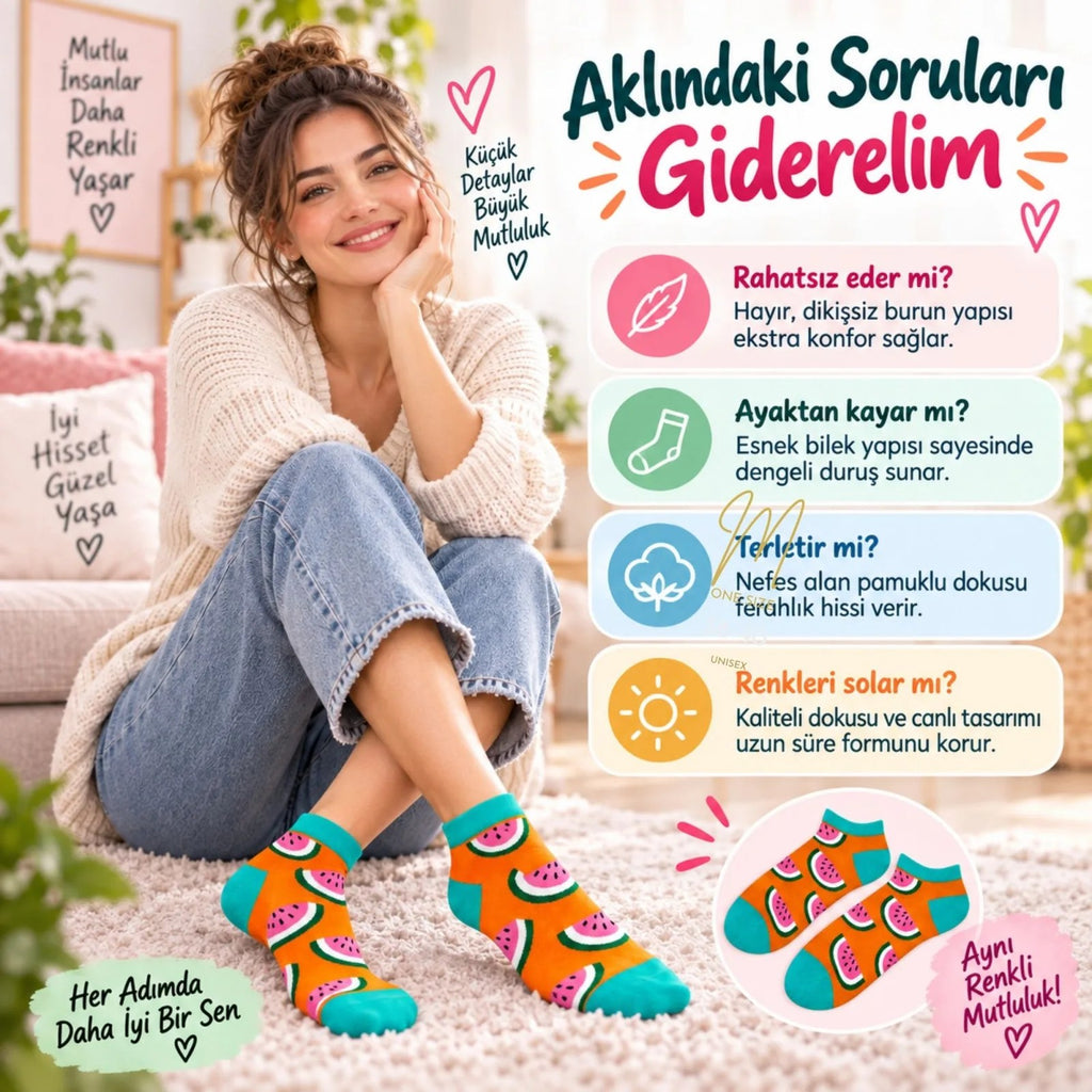 Kadın Turuncu Karpuz Desenli Patik Çorap 3'lü Paket | Renkli, Rahat ve Esnek Günlük Kısa Çorap