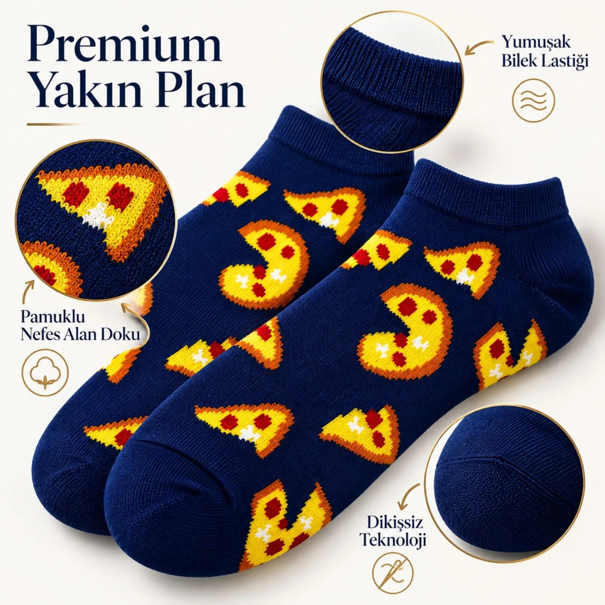 Pizza Desenli 6'lı Lacivert Patik Çorap Unisex Kısa Sneaker Günlük Çorap Seti Avantajlı Paket Rahat!
