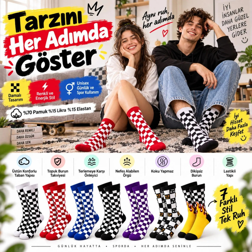 UNİSEX Çorap Dama Desenli Renkli 7'li Set Kareli Alev Desen Uzun Soket Günlük Spor Çorabı