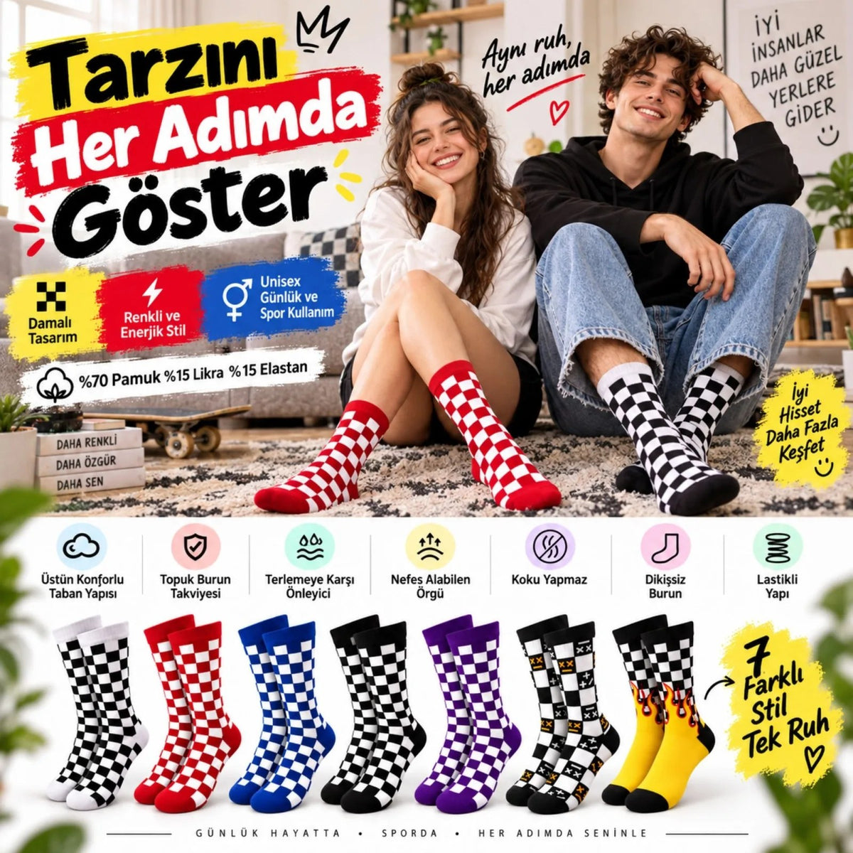 UNİSEX Çorap Dama Desenli Renkli 7'li Set Kareli Alev Desen Uzun Soket Günlük Spor Çorabı
