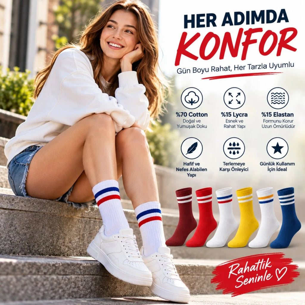 Unisex Renkli Çorap Çizgili 12'li Set Uzun Soket Günlük Spor Kolej Stil Rahat Şık Kadın Erkek Çorabı