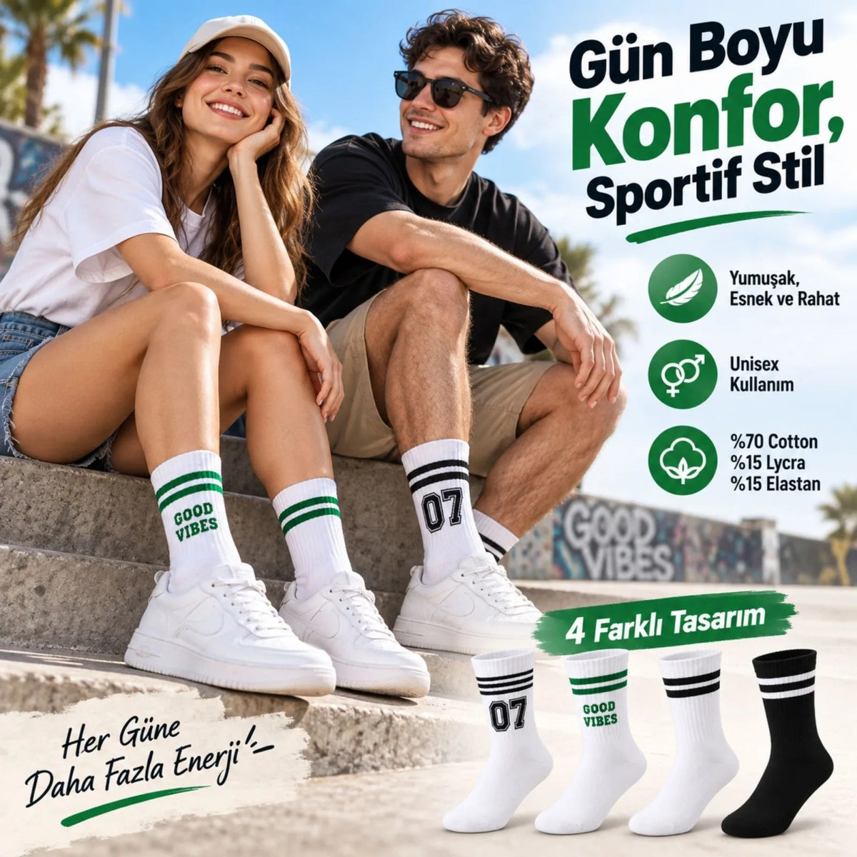 Unisex Çorap Çizgili 8'li Set 07 Good Vibes yazılı Siyah Beyaz Uzun Soket Spor Kolej Stil Çorap