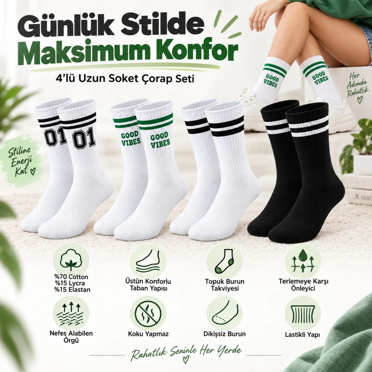 Unisex Çorap Çizgili 8'li Set 07 Good Vibes yazılı Siyah Beyaz Uzun Soket Spor Kolej Stil Çorap