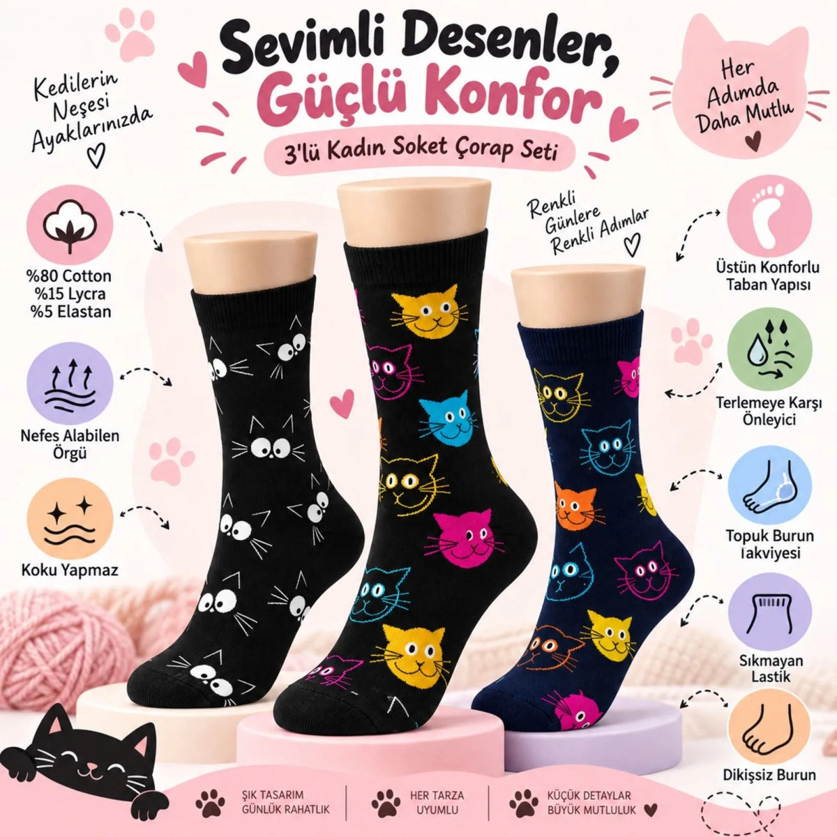 Unisex Kedi Desenli Çorap 3'lü Set Pamuklu Renkli Uzun Soket Dikişsiz Nefes Alan Rahat Günlük Çorap