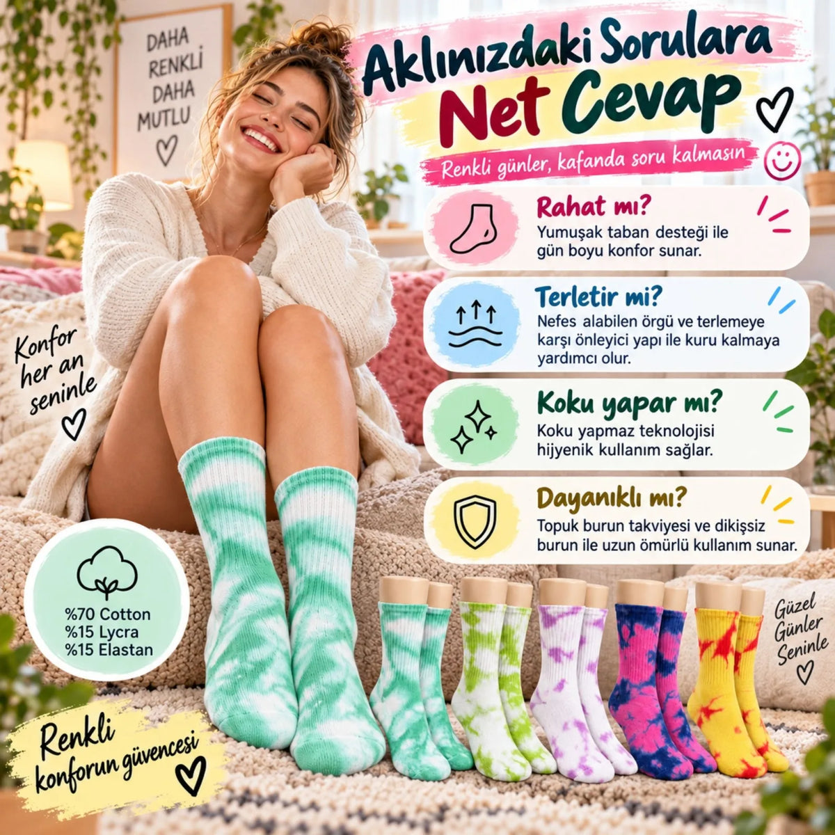 Unisex Batik Desenli Çorap 5'li Set Renkli Pamuklu Uzun Soket Dikişsiz Nefes Alan Günlük Spor Çorabı