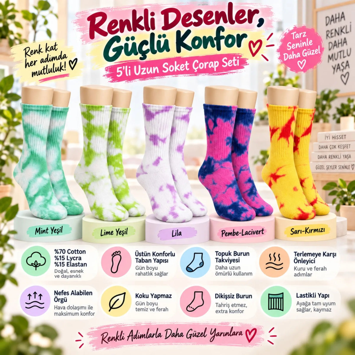 Unisex Batik Desenli Çorap 10'lu Set Renkli Pamuklu Uzun Soket Dikişsiz Nefes Alan Günlük Spor Çorabı