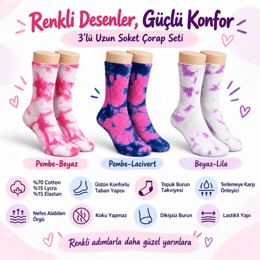 Unisex Batik Desenli Çorap 6'lı Set Pamuklu Renkli Uzun Soket Dikişsiz Nefes Alan Günlük Spor Çorabı