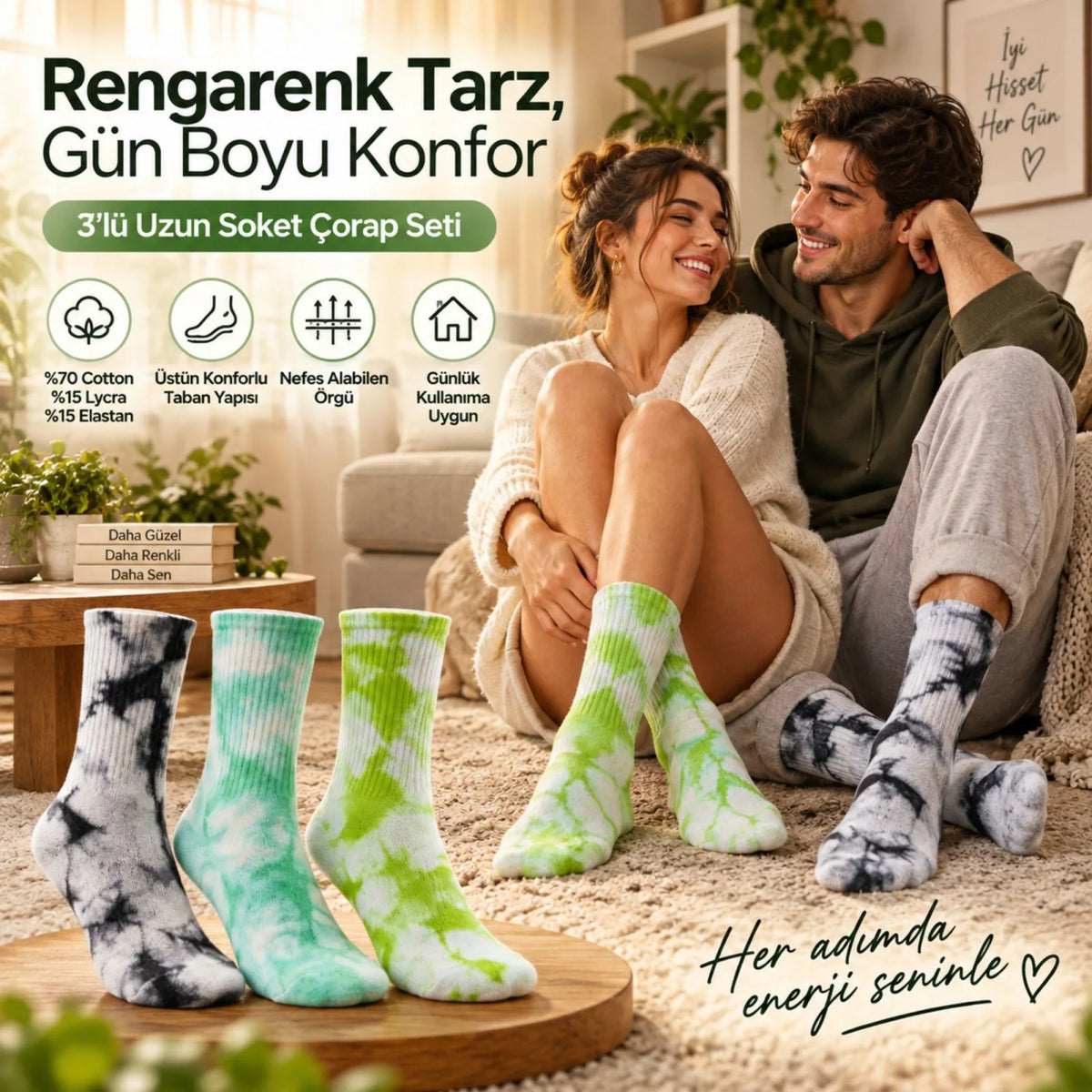 Unisex Batik Desenli Çorap 3'lü Set Renkli Pamuklu Uzun Soket Dikişsiz Nefes Alan Günlük Spor Çorabı