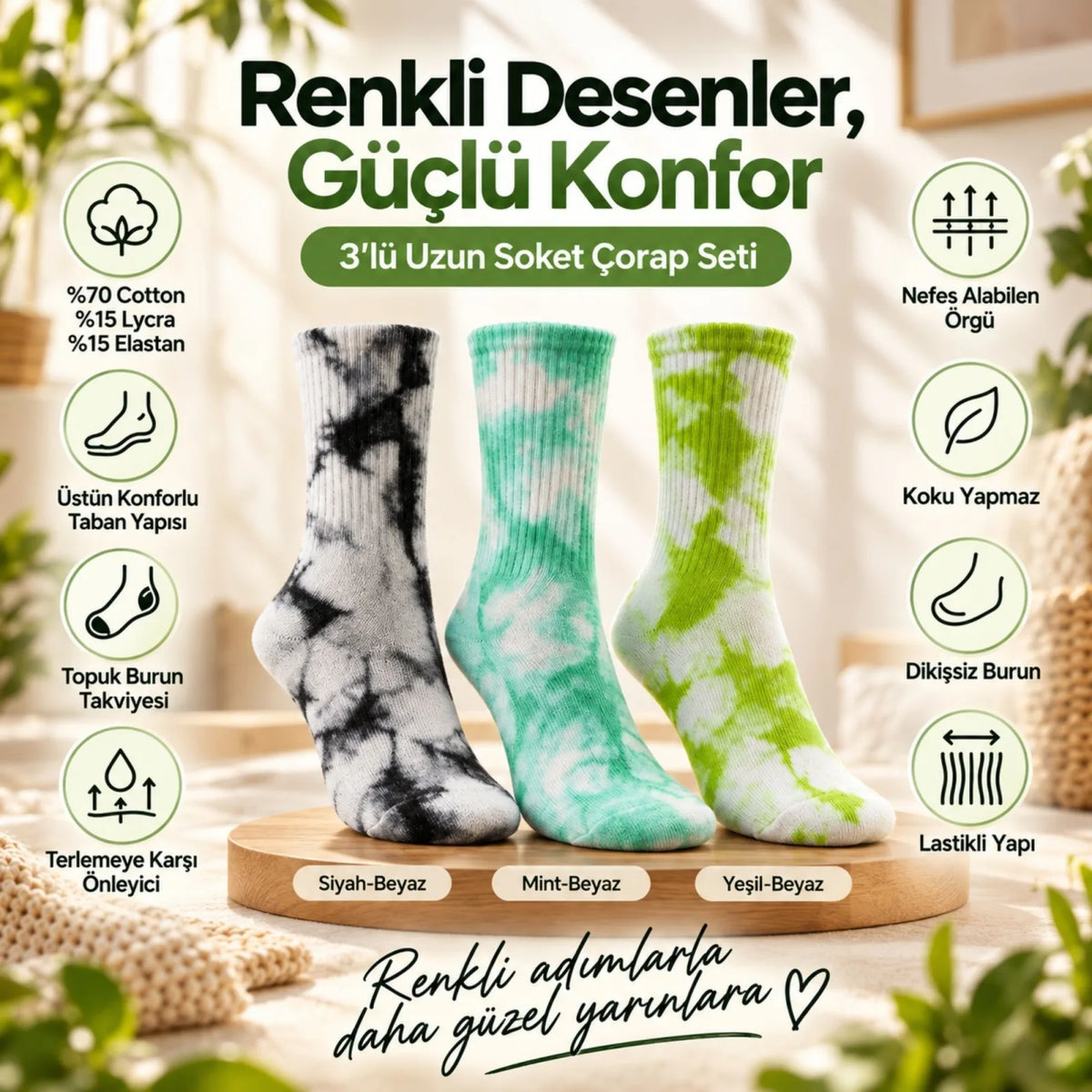 Unisex Batik Desenli Çorap 6'lı Set Renkli Pamuklu Uzun Soket Dikişsiz Nefes Alan Günlük Spor Çorabı