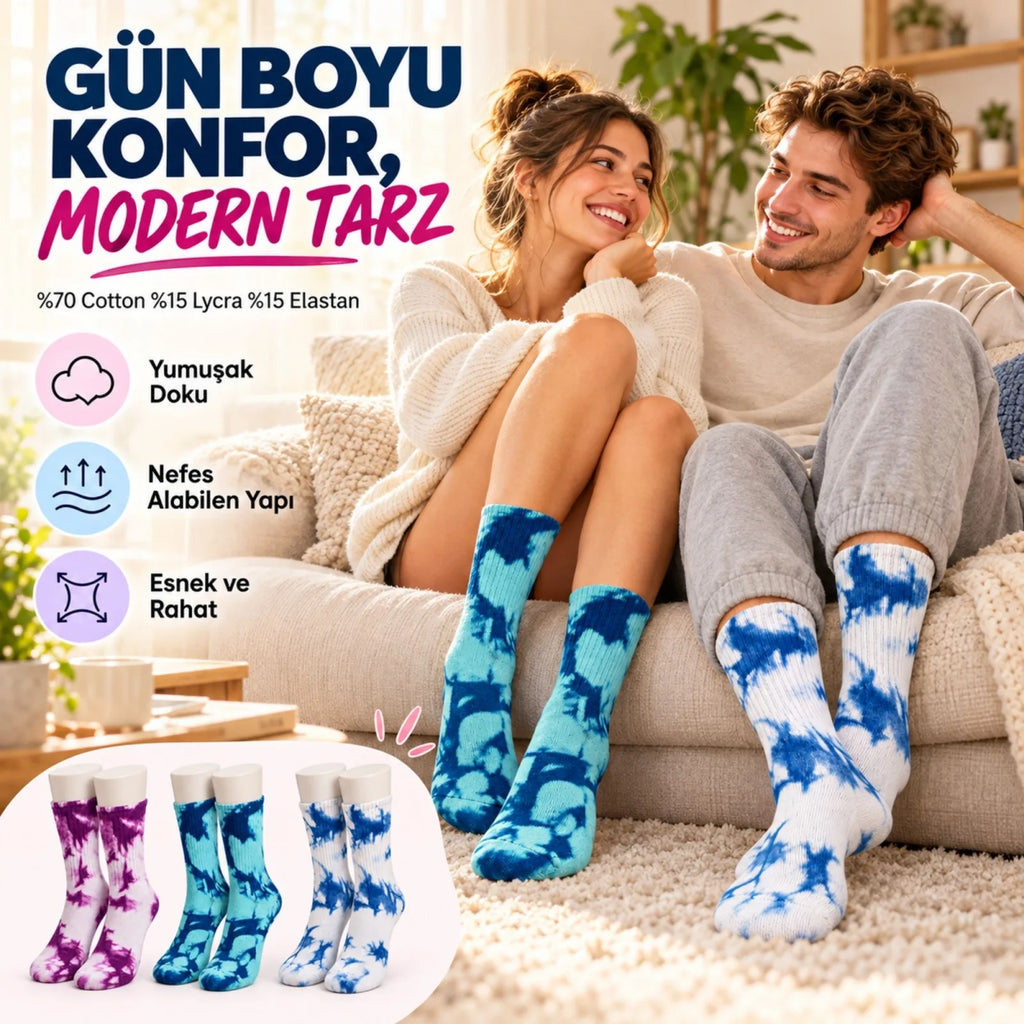 Unisex Batik Desenli Çorap 6'Lı Set Pamuklu Renkli Uzun Soket Dikişsiz Nefes Alan Spor Çorabı Günlük