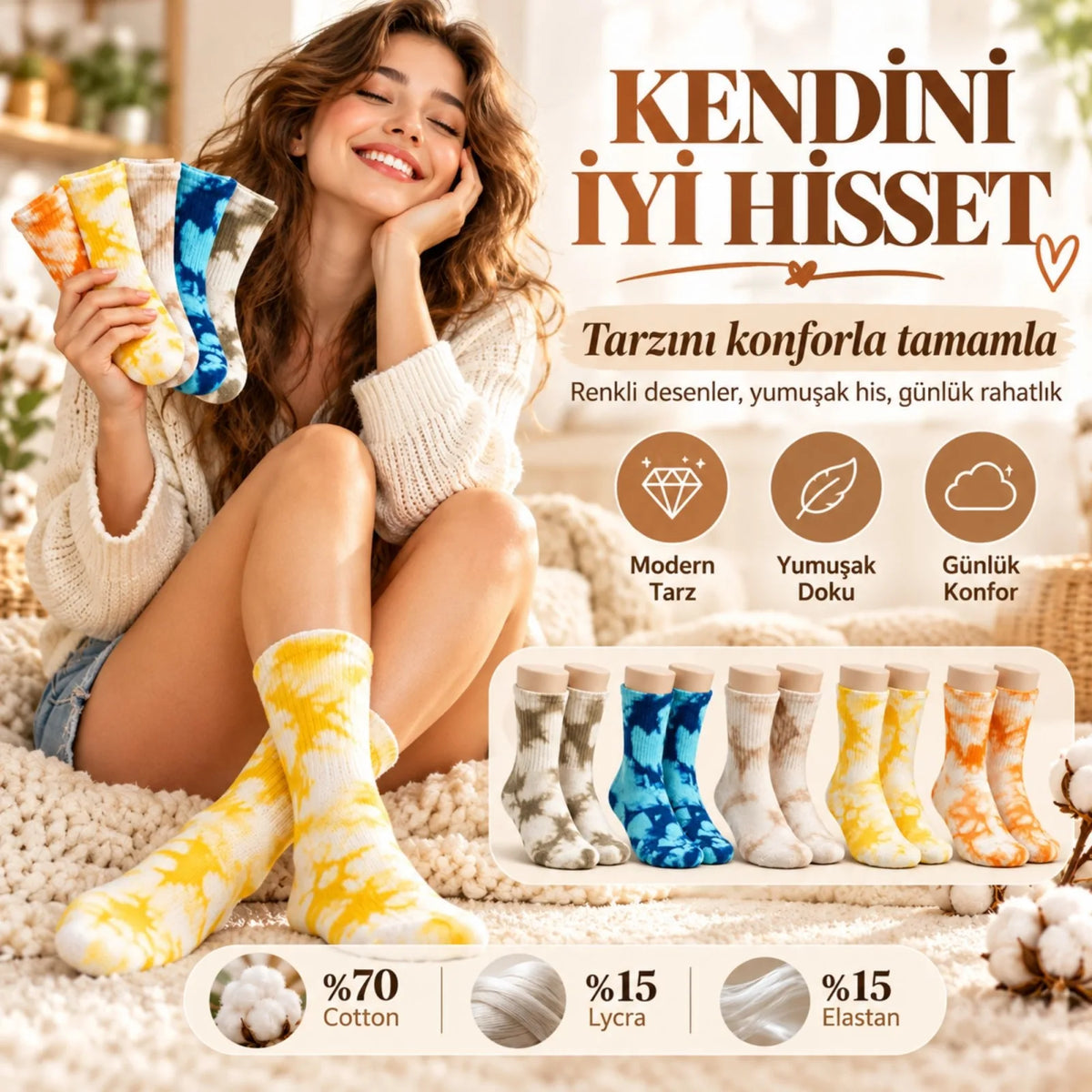 Unisex Batik Desenli Çorap 5'li Set Pamuklu Renkli Uzun Soket Dikişsiz Nefes Alan Günlük Spor Çorabı