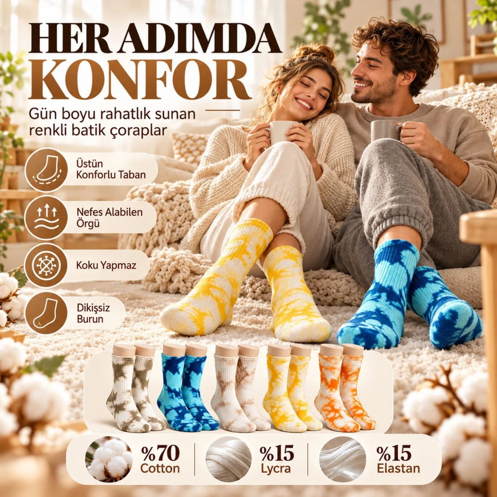 Unisex Batik Desenli Çorap 10'lu Set Pamuklu Renkli Uzun Soket Dikişsiz Nefes Alan Günlük Spor Çorabı