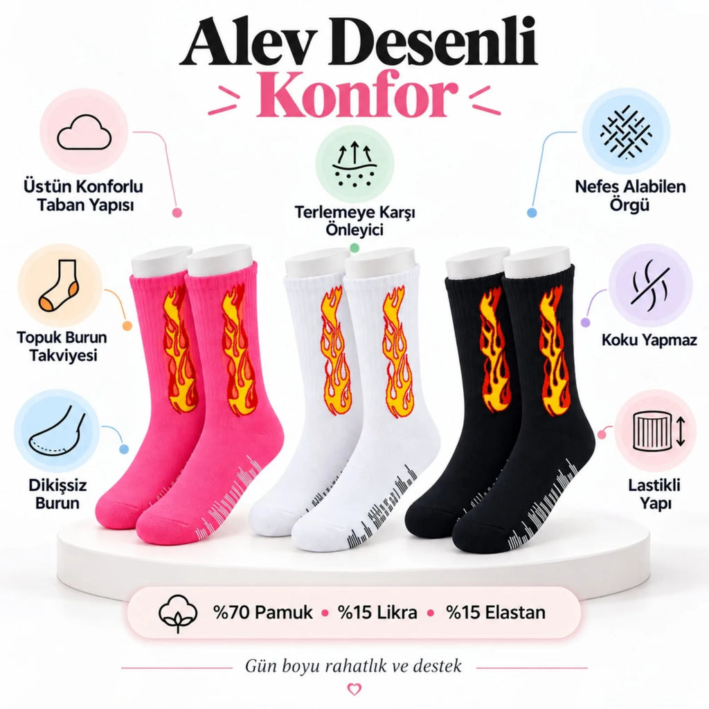 Unisex Alev Desenli Çorap 6'lı Set Pamuklu Uzun Soket Dikişsiz Nefes Alan Günlük Spor Çorabı Yumuşak