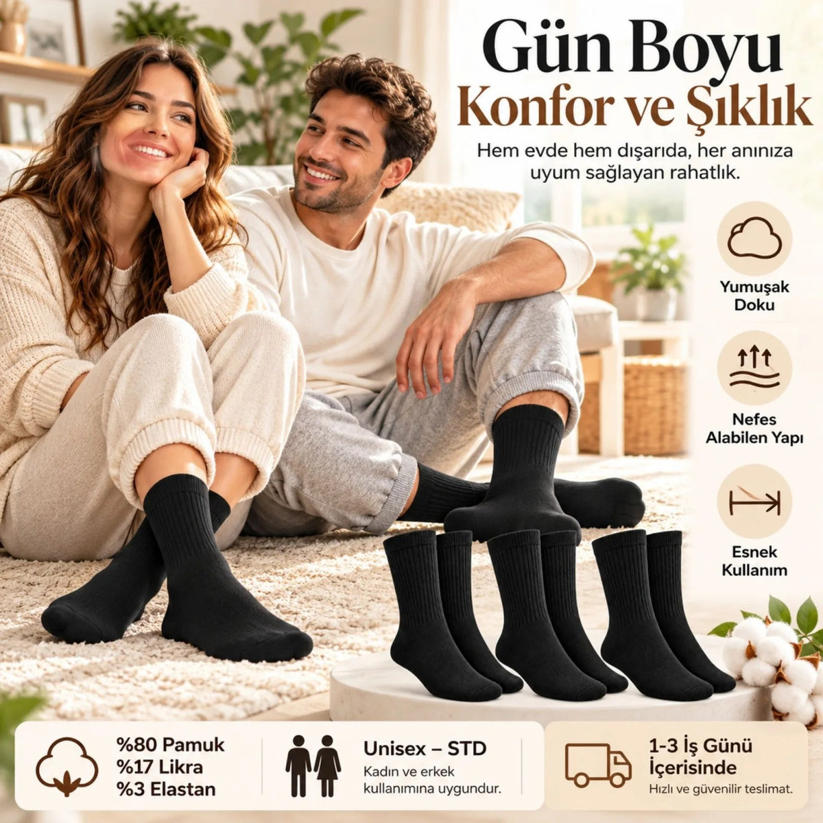 Unisex Basic Siyah Beyaz Soket Çorap 6'lı Set Kadın Erkek Spor Günlük Uzun Ribanalı Rahat Çorap Set