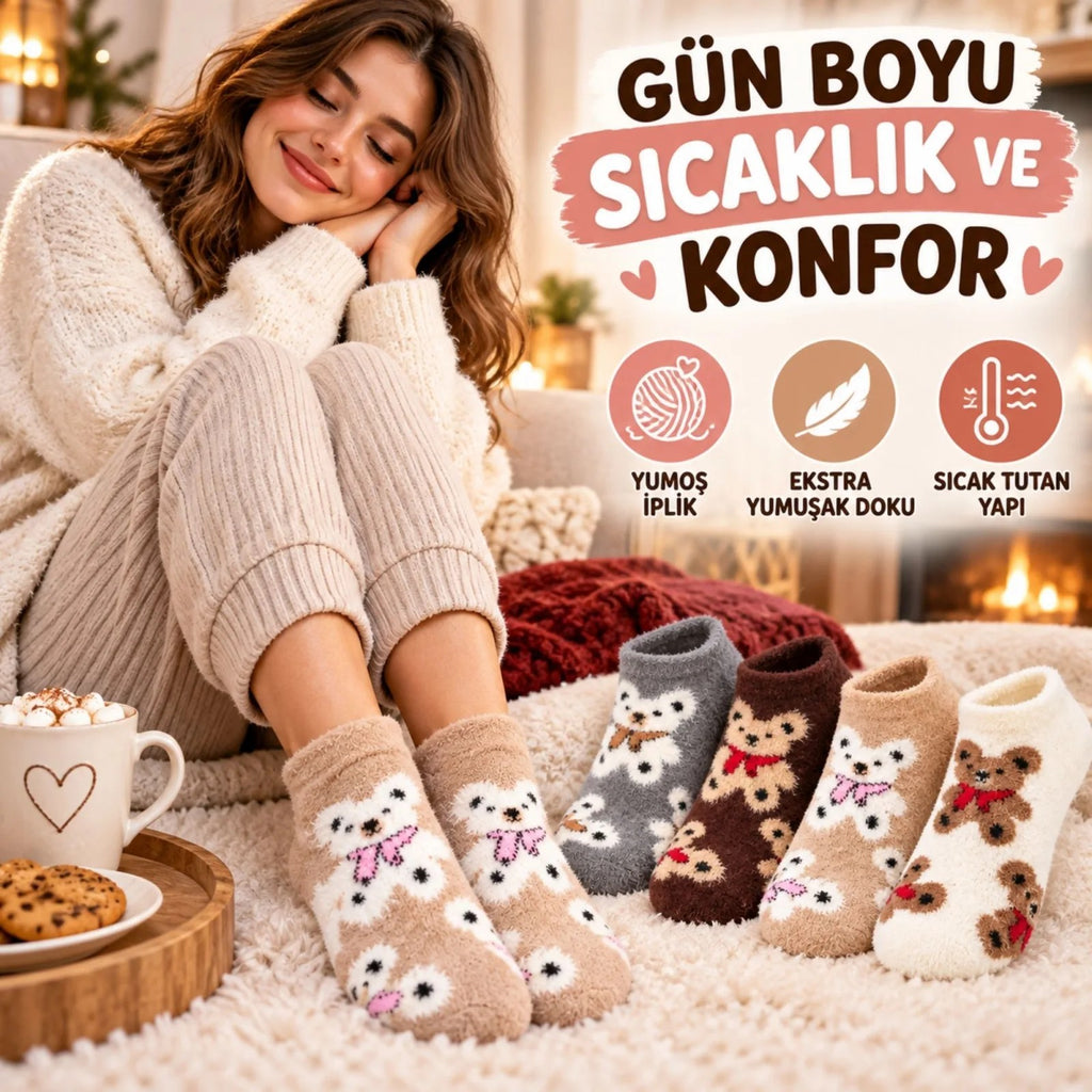 Kadın Ayıcık Desenli Yumoş Patik Çorap 8'li Set Peluş Yumuşak Sıcak Parfümlü Kışlık Rahat Çorap Seti