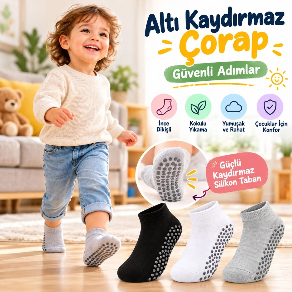 Çocuk Kaydırmaz Tabanlı Patik Çorap 3'lü Set Siyah Beyaz Gri Yumuşak Esnek Kokulu Günlük Çorap Rahat