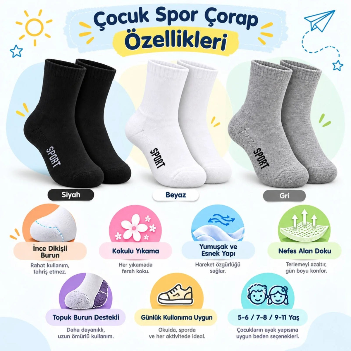 Çocuk Spor Çorap 6'lı Set Siyah Beyaz Gri İnce Dikişli Kokulu Yıkama Yumuşak Esnek Günlük Çorap Seti