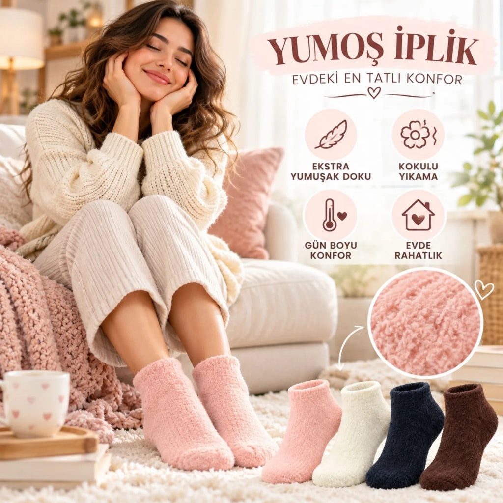 Kadın Yumoş Patik Çorap 4'lü Set Peluş Sıcak Tutan Kışlık Ev Çorabı Yumuşak Rahat 4 Renk Hediye Seti