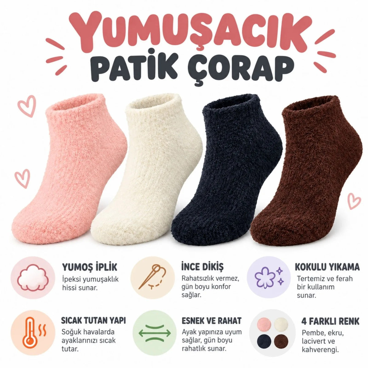 Kadın Yumoş Patik Çorap 8'li Set Peluş Sıcak Tutan Kışlık Ev Çorabı Yumuşak Rahat 4 Renk Hediye Seti