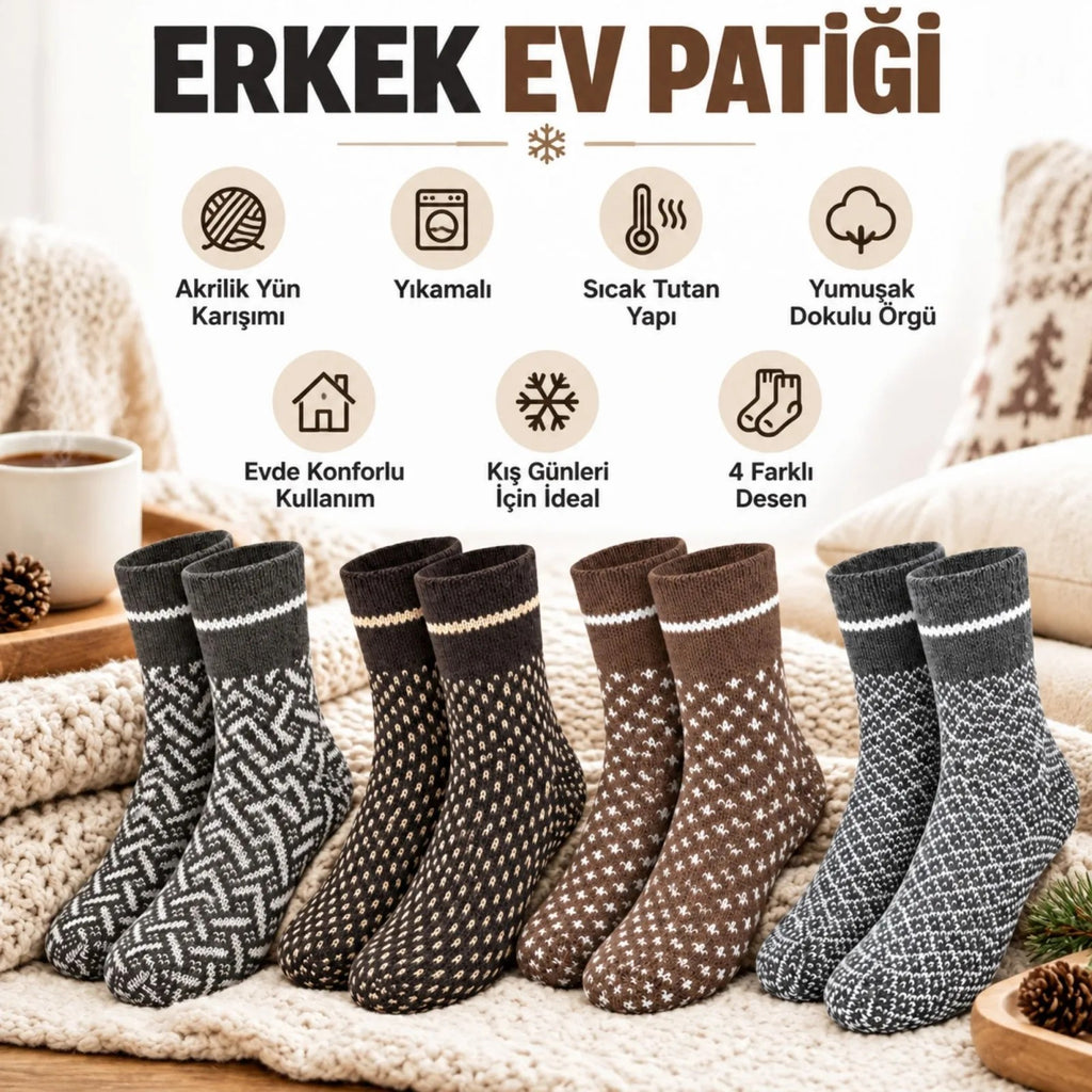 Erkek Kışlık Desenli Çorap 8'li Seti Sıcak Tutan Yumuşak Rahat Günlük Renkli Kısa Konç Çorap Paketi