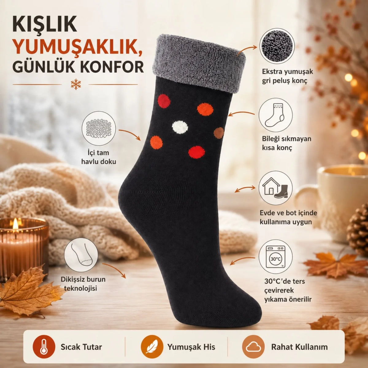 8’li Kadın Kışlık Havlu Çorap Sıcak Tutan Karışık Desenli Ekonomik Çoklu Çorap Seti