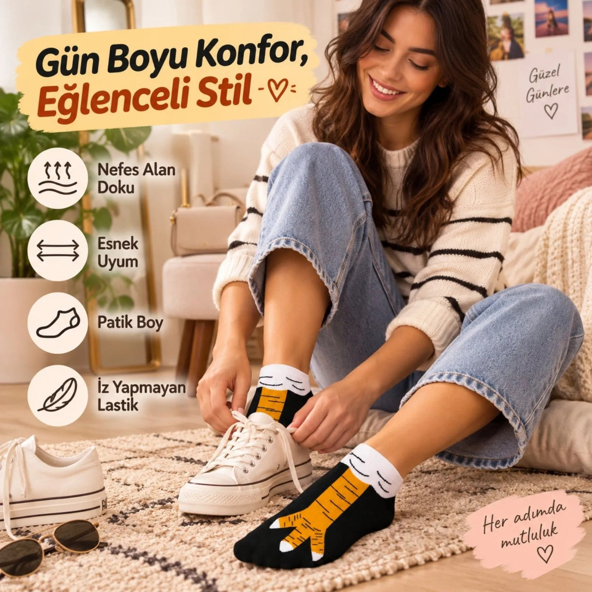 Kadın Tavuk Ayağı Desenli 3'lü Patik Çorap Dikişsiz Pamuklu Eğlenceli Sneaker Günlük Çorap