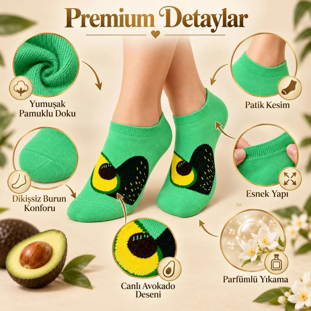 Kadın Avokado 12'li Desenli Patik Çorap Pamuklu Dikişsiz Sneaker Uyumlu Eğlenceli Günlük Set