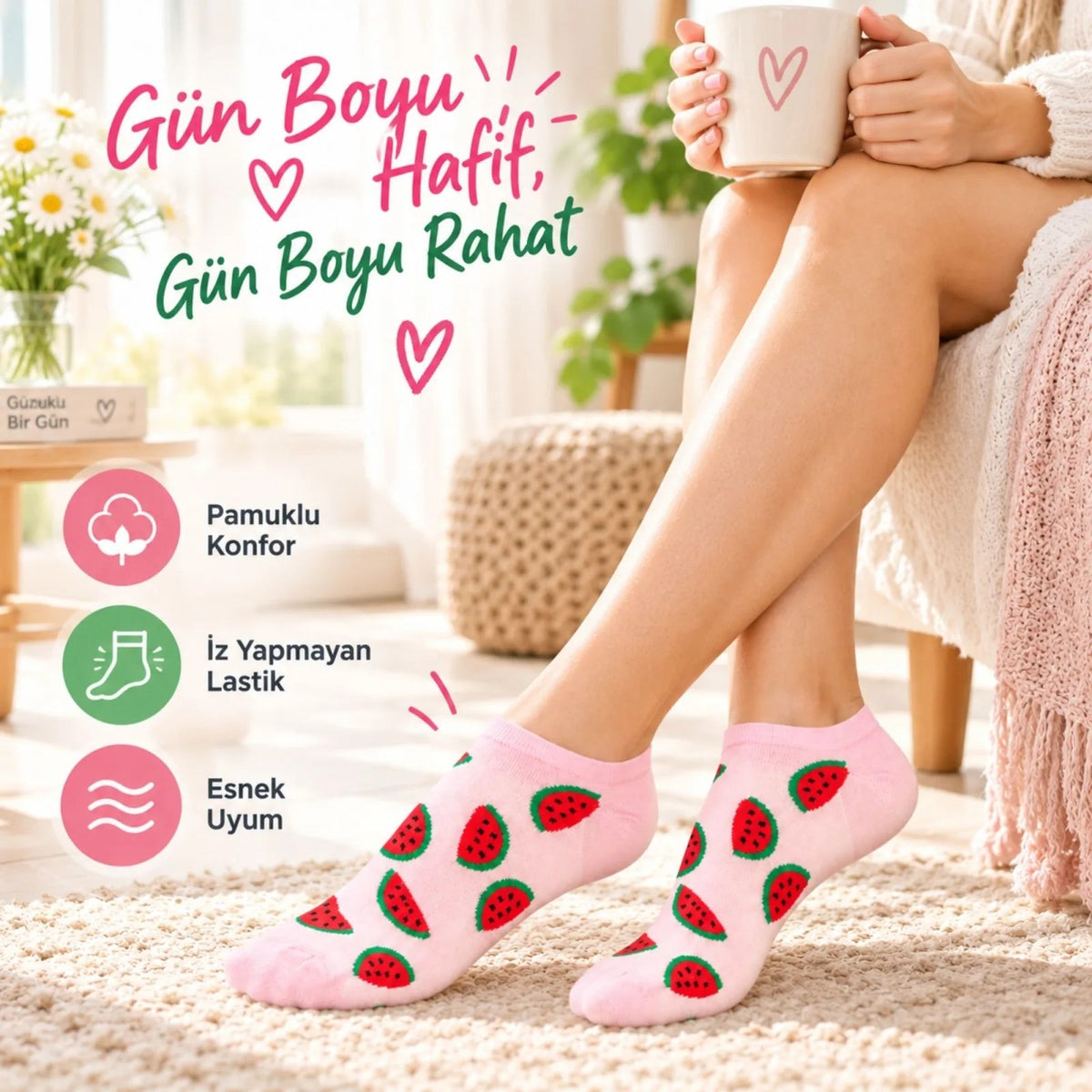 Kadın Karpuz 3'lü Desenli Patik Çorap Pamuklu Dikişsiz Sneaker Uyumlu Eğlenceli Yazlık Set