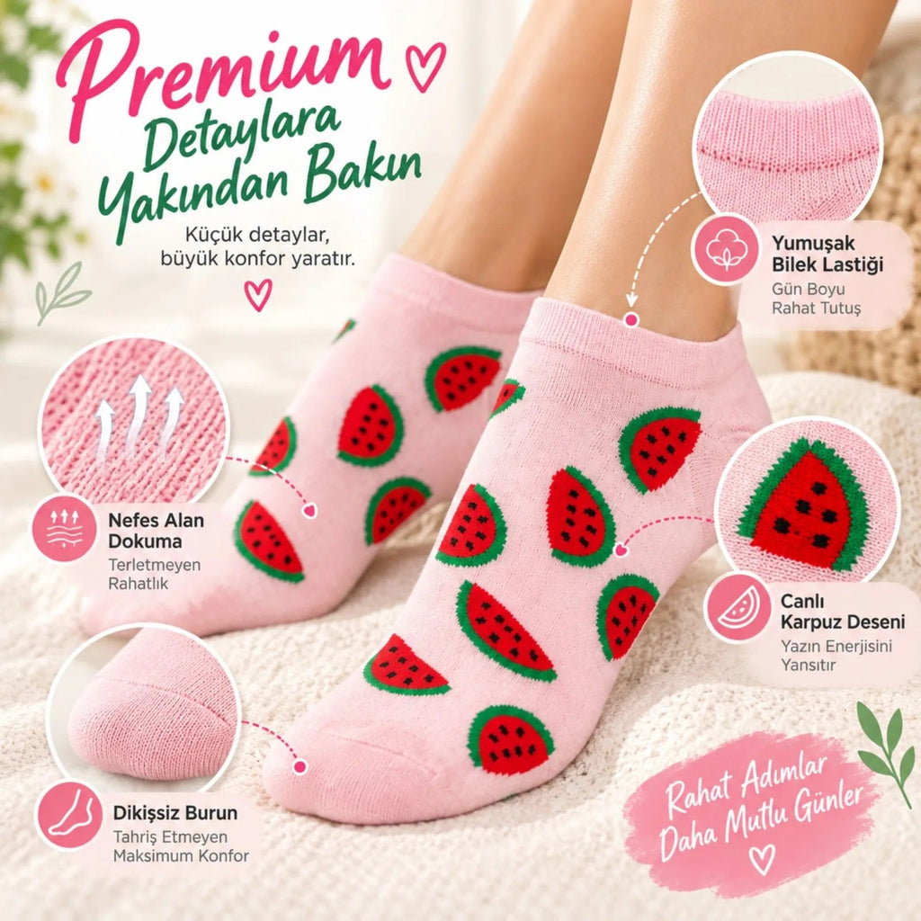 Kadın Karpuz 6'lı Desenli Patik Çorap Pamuklu Dikişsiz Sneaker Uyumlu Eğlenceli Yazlık Set