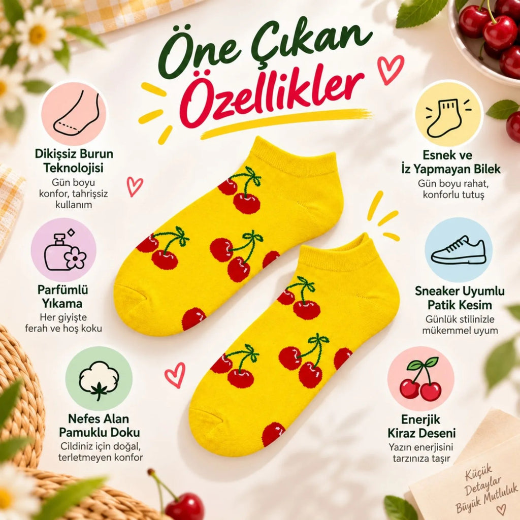 Kadın Kiraz 12'li Desenli Patik Çorap Sarı Pamuklu Dikişsiz Sneaker Uyumlu Eğlenceli Günlük Set