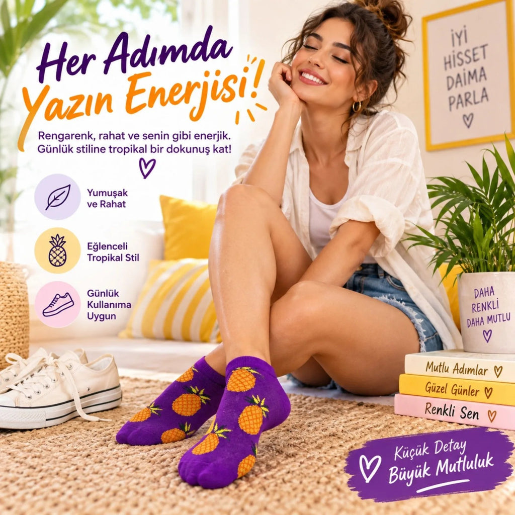 Kadın Mor Ananas Desenli Patik Çorap 12'li Paket | Renkli, Rahat Günlük Kısa Çorap Seti